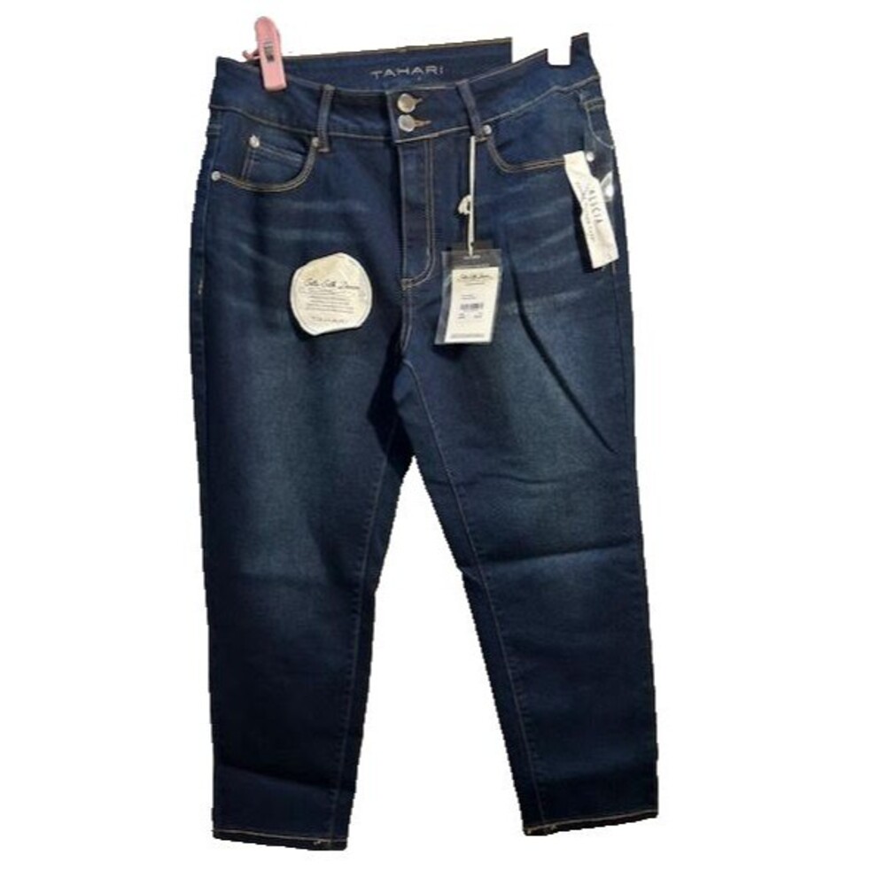NWT Tahari Seta Silk Denim Double Button Capri Jeans Size 12 Valencia Wash